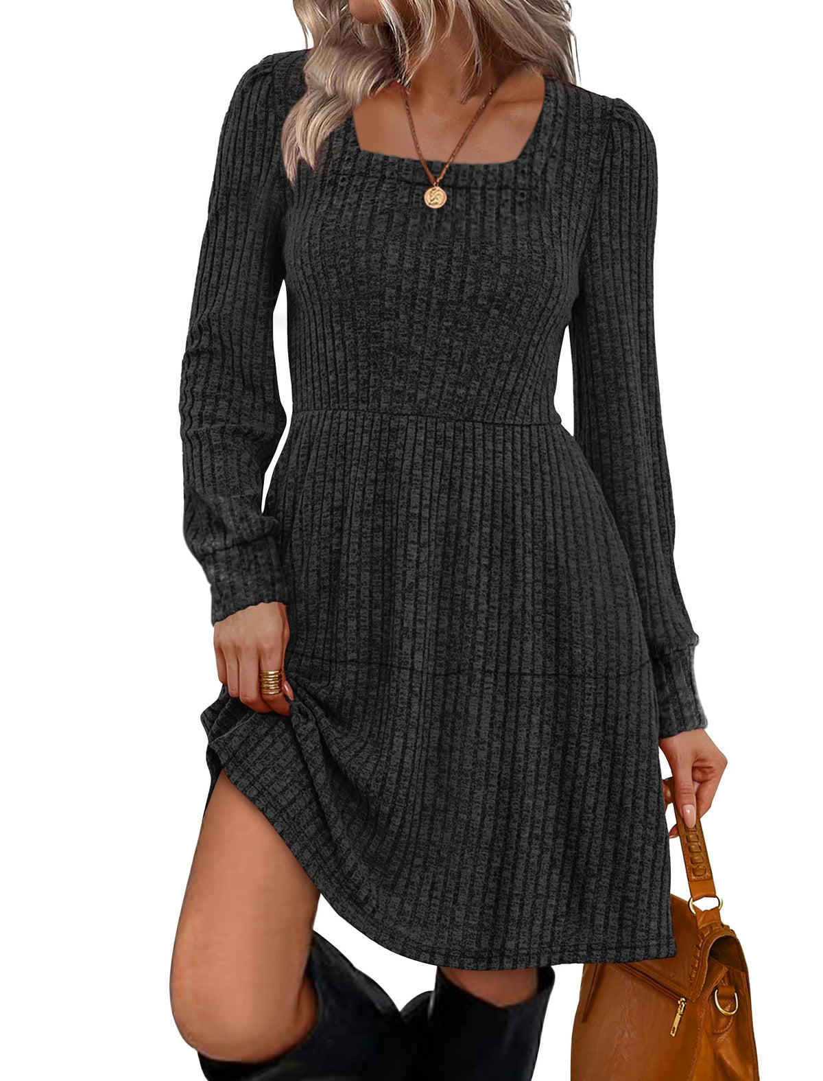 Sampeel Womens Square Neck Long Sleeve Fall Dresses Casual Babydoll Sweater Dress