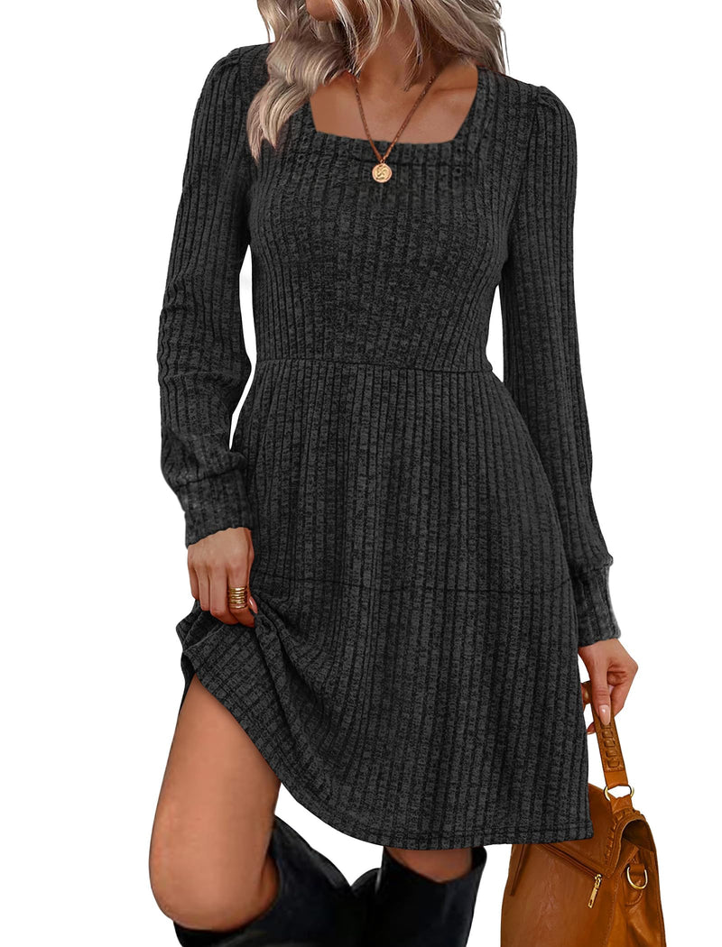 Sampeel Womens Square Neck Long Sleeve Fall Dresses Casual Babydoll Sweater Dress