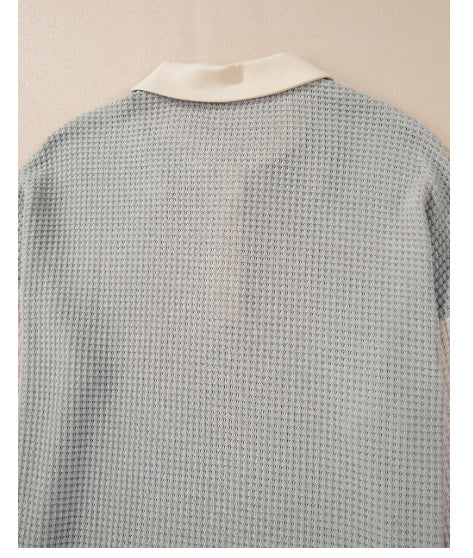 Khaki Textured Colorblock Collared Henley Top