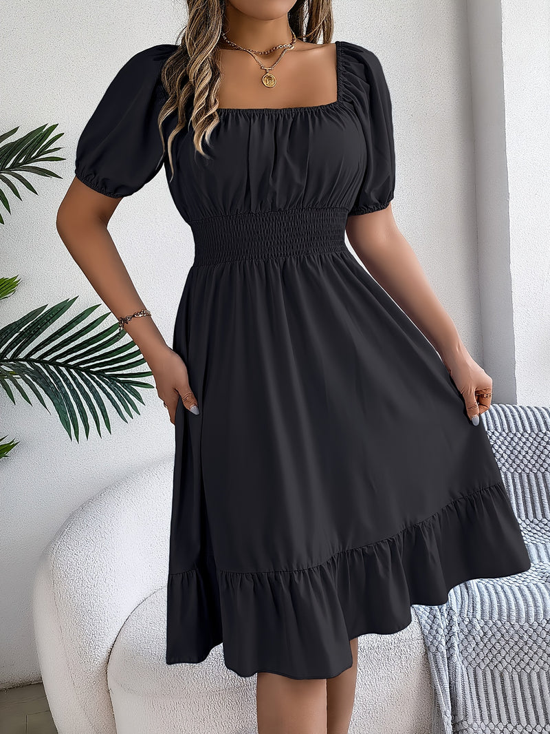 Solid Puff Sleeve Square Neck Dress, Elegant Ruffle Hem Occasion Wear