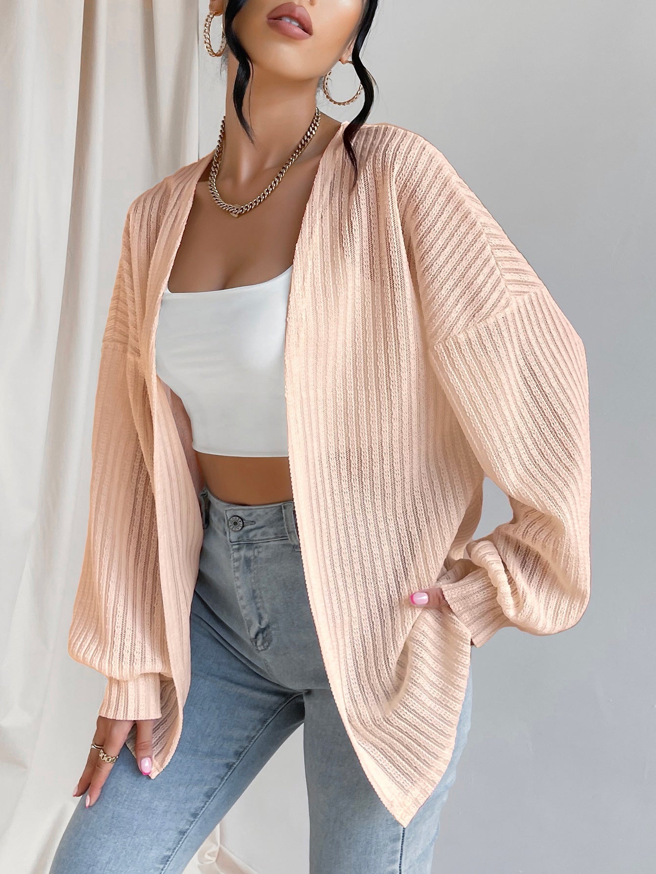Knitted Cardigan Wide Shoulder Long Sleeve Top