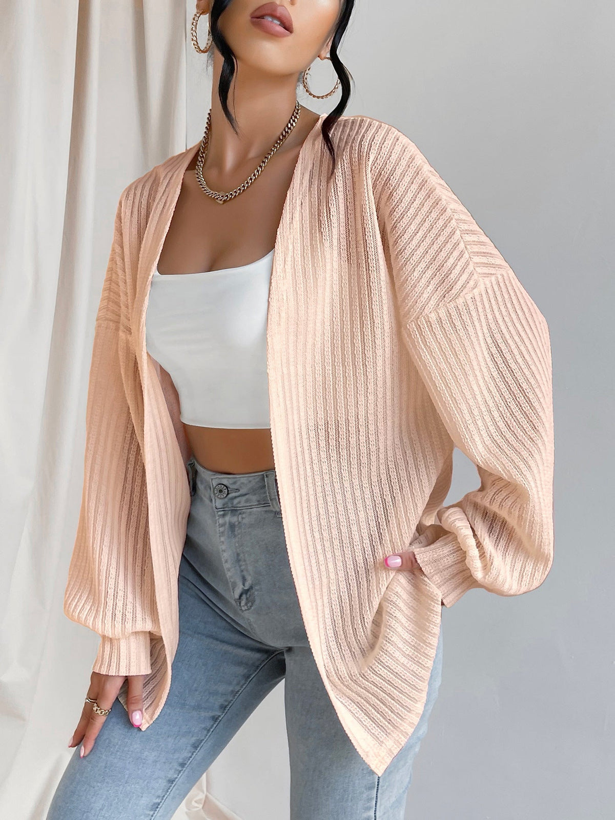 Knitted Cardigan Wide Shoulder Long Sleeve Top