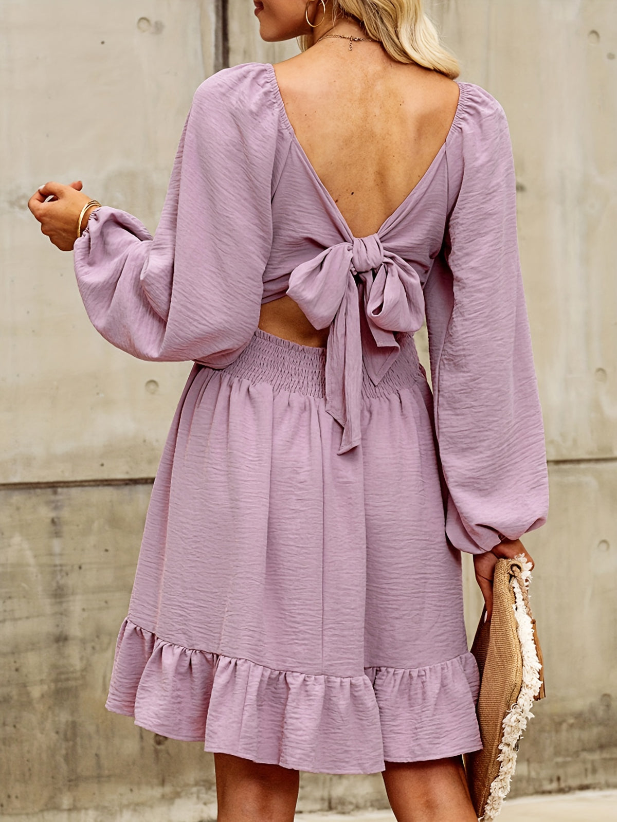 Lantern Sleeve Square Neck Tie Backless Elastic Waist Elegant Ruffle Dress