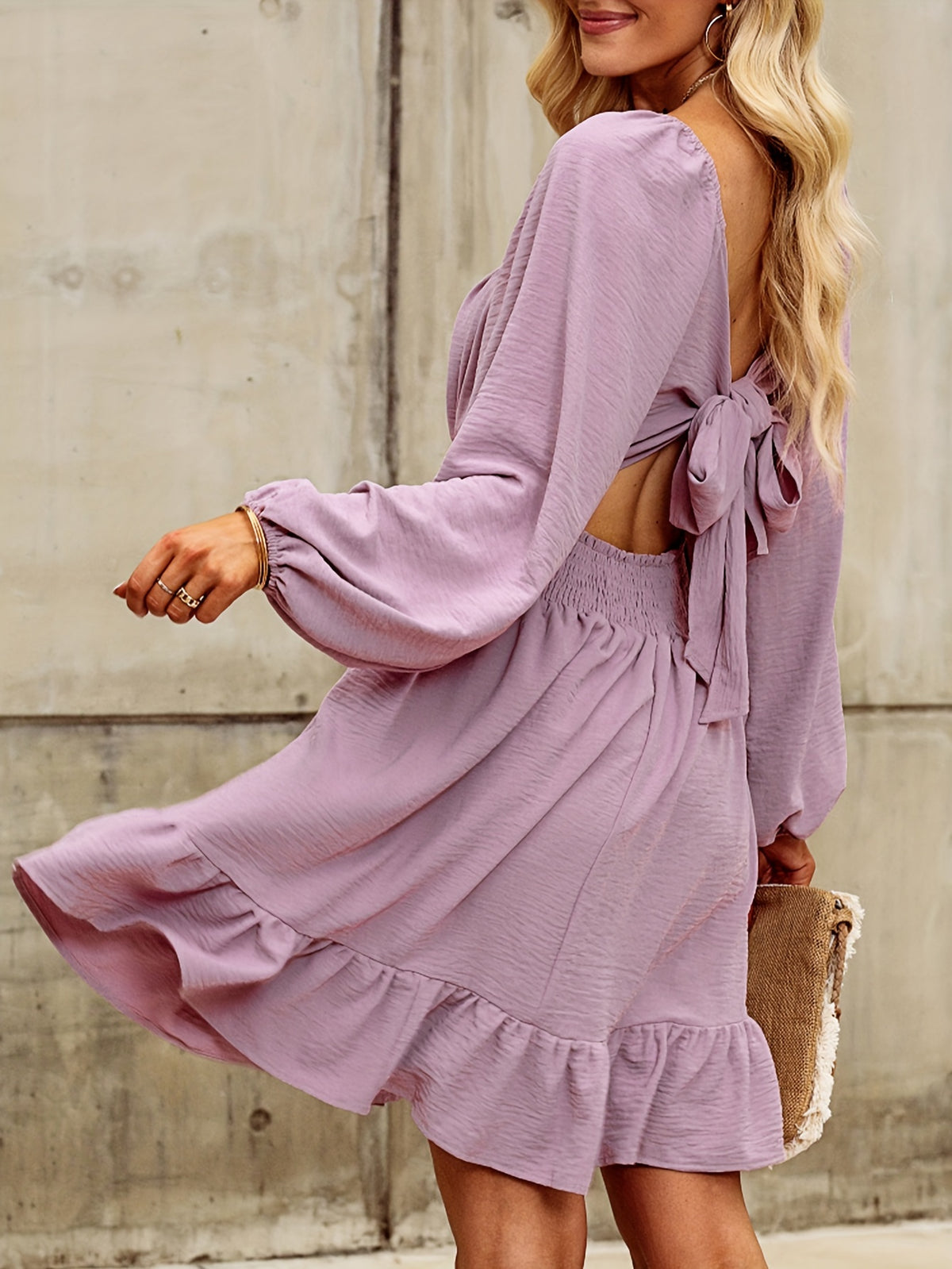 Lantern Sleeve Square Neck Tie Backless Elastic Waist Elegant Ruffle Dress