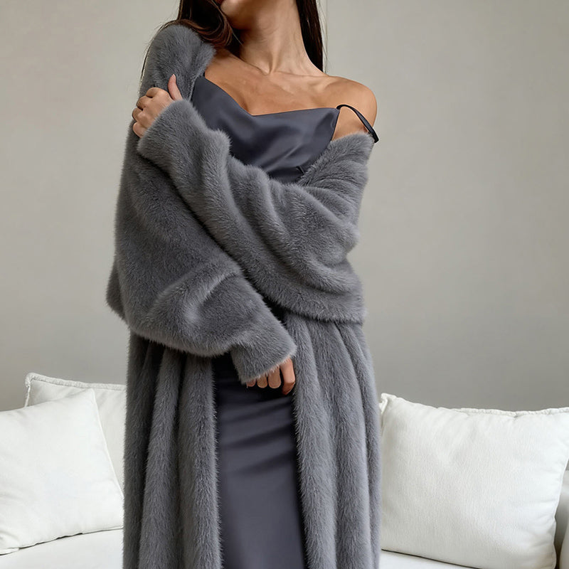 Womens Furry Long Cardigan Open Front Coat