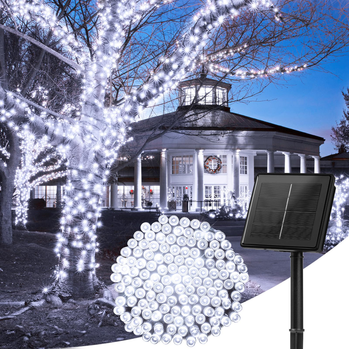Minetom Solar String Lights Outdoor Waterproof- 40 FT 100 LED Solar Powered String Lights with 8 Lighting Modes, IP65 Waterproof Solar Christmas Lights for Outdoor Outside Tree Party Decor, Warm White