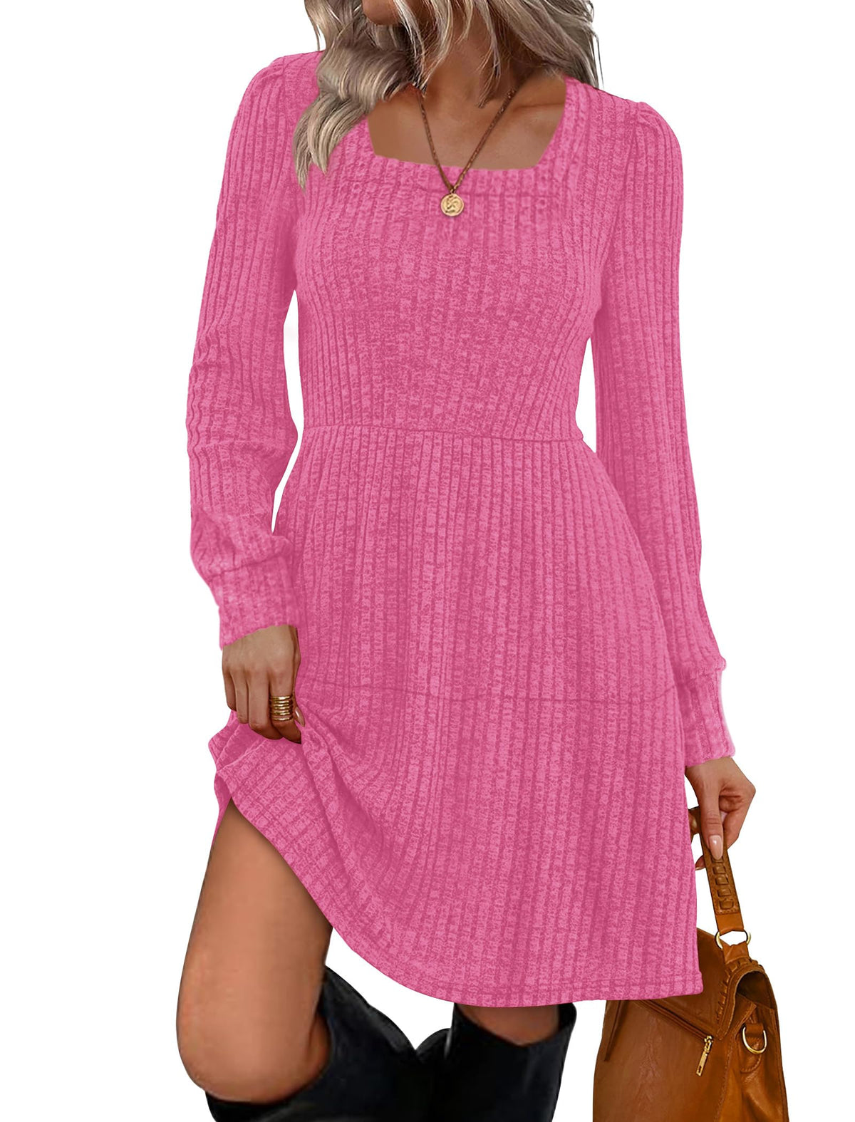 Sampeel Womens Square Neck Long Sleeve Fall Dresses Casual Babydoll Sweater Dress