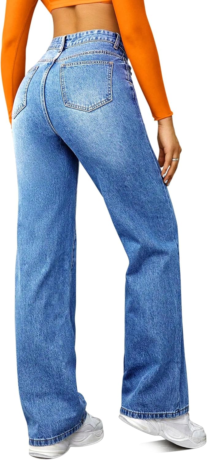 ,High Waisted Wide Leg Loose Microelastic Denim Pants