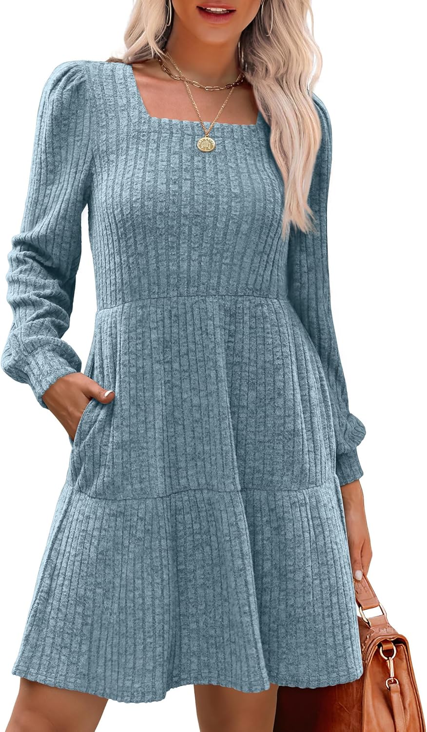 Sampeel Womens Square Neck Long Sleeve Fall Dresses Casual Babydoll Sweater Dress