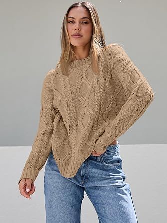 Trendy Queen Women's Oversized Cable Knit Crewneck Sweaters