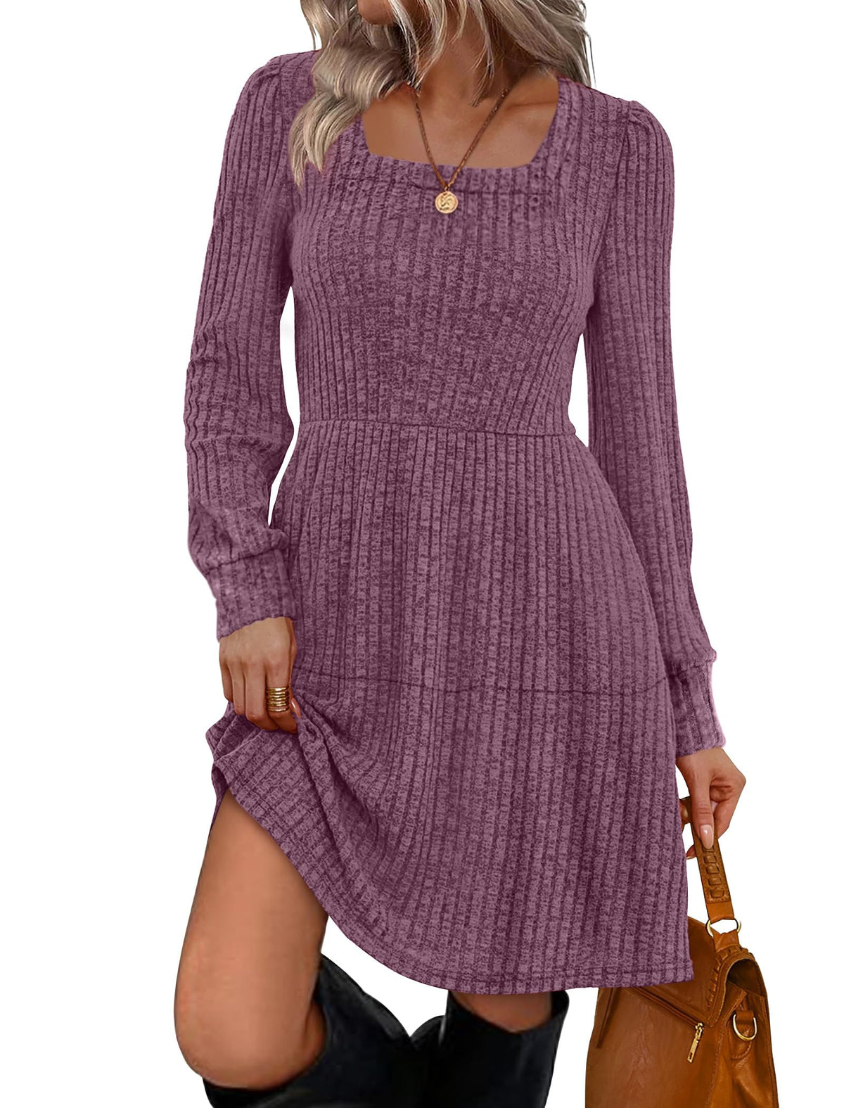 Sampeel Womens Square Neck Long Sleeve Fall Dresses Casual Babydoll Sweater Dress
