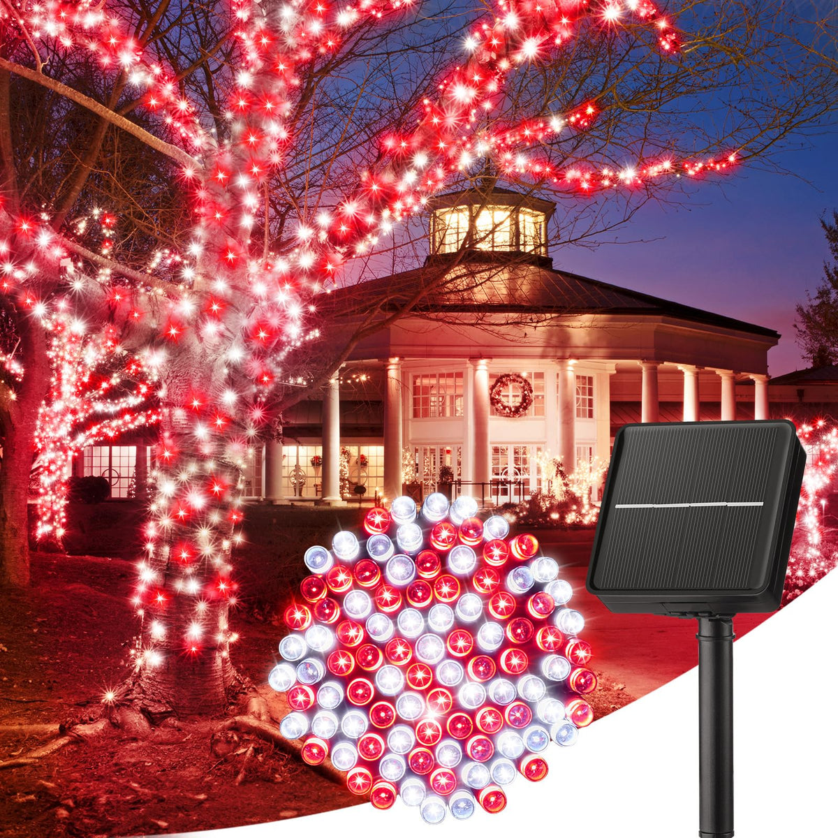 Minetom Solar String Lights Outdoor Waterproof- 40 FT 100 LED Solar Powered String Lights with 8 Lighting Modes, IP65 Waterproof Solar Christmas Lights for Outdoor Outside Tree Party Decor, Warm White