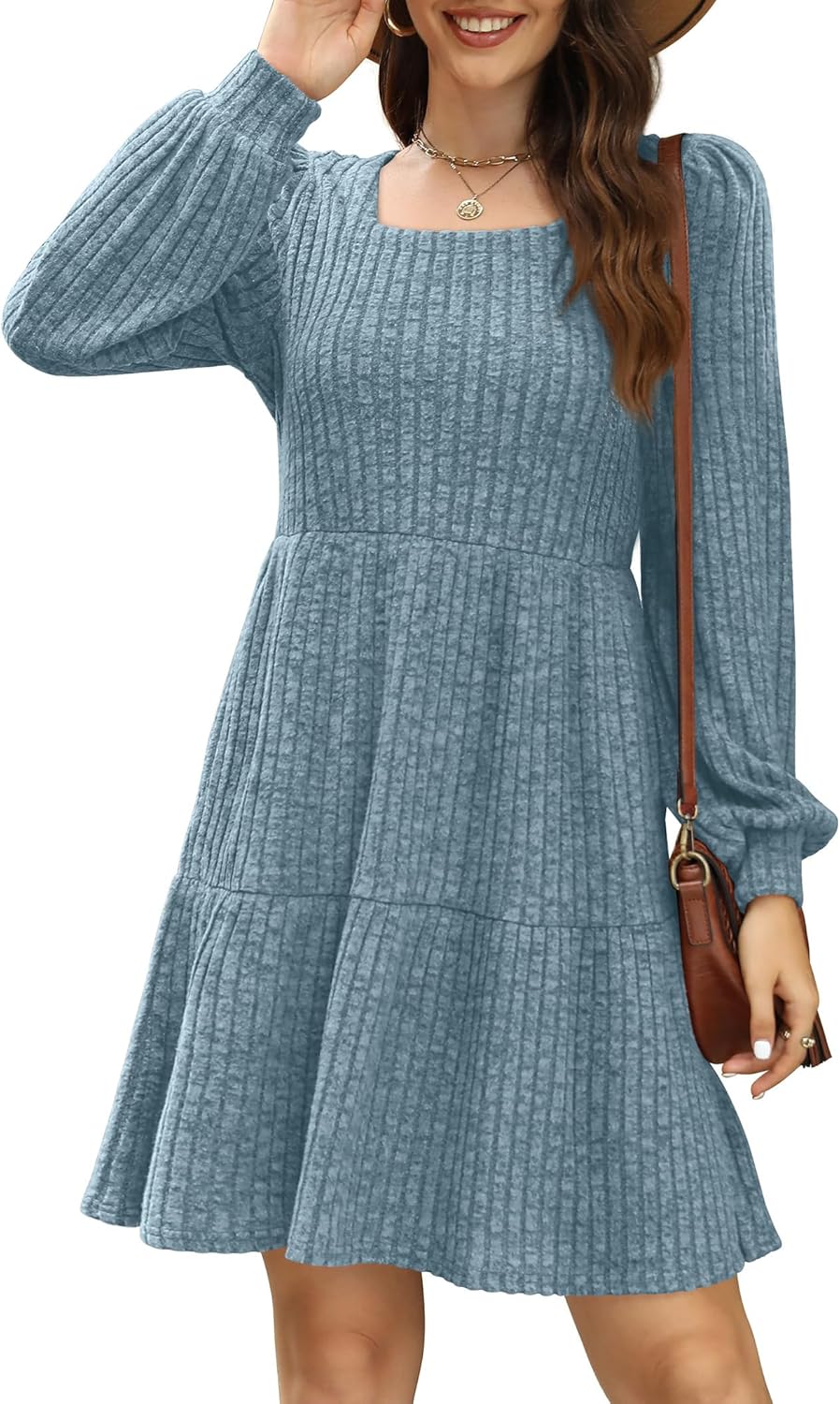 Sampeel Womens Square Neck Long Sleeve Fall Dresses Casual Babydoll Sweater Dress