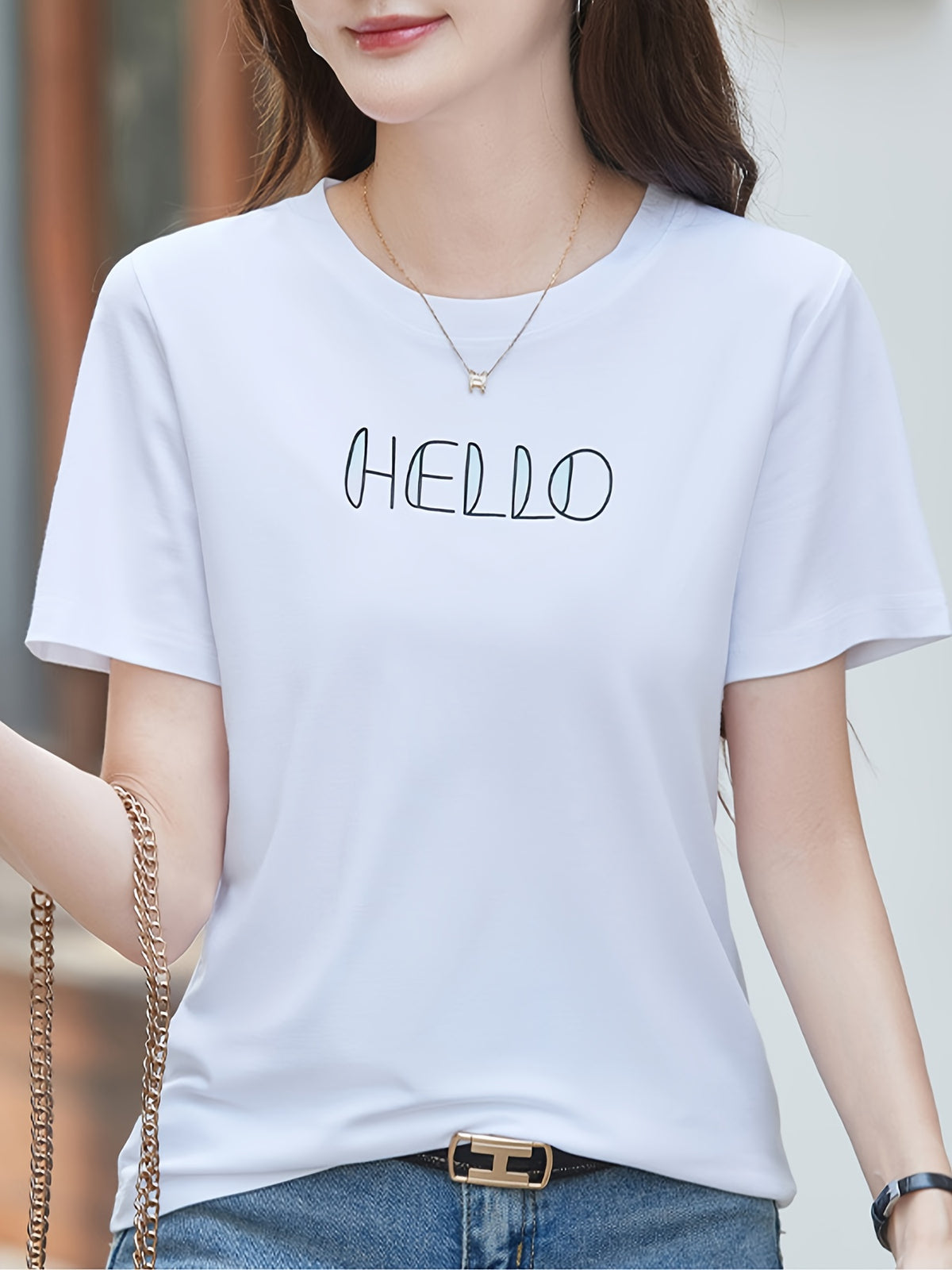 Casual Wear Soft and Lightweight Hello Printed Crew Neck T-Shirt Womens