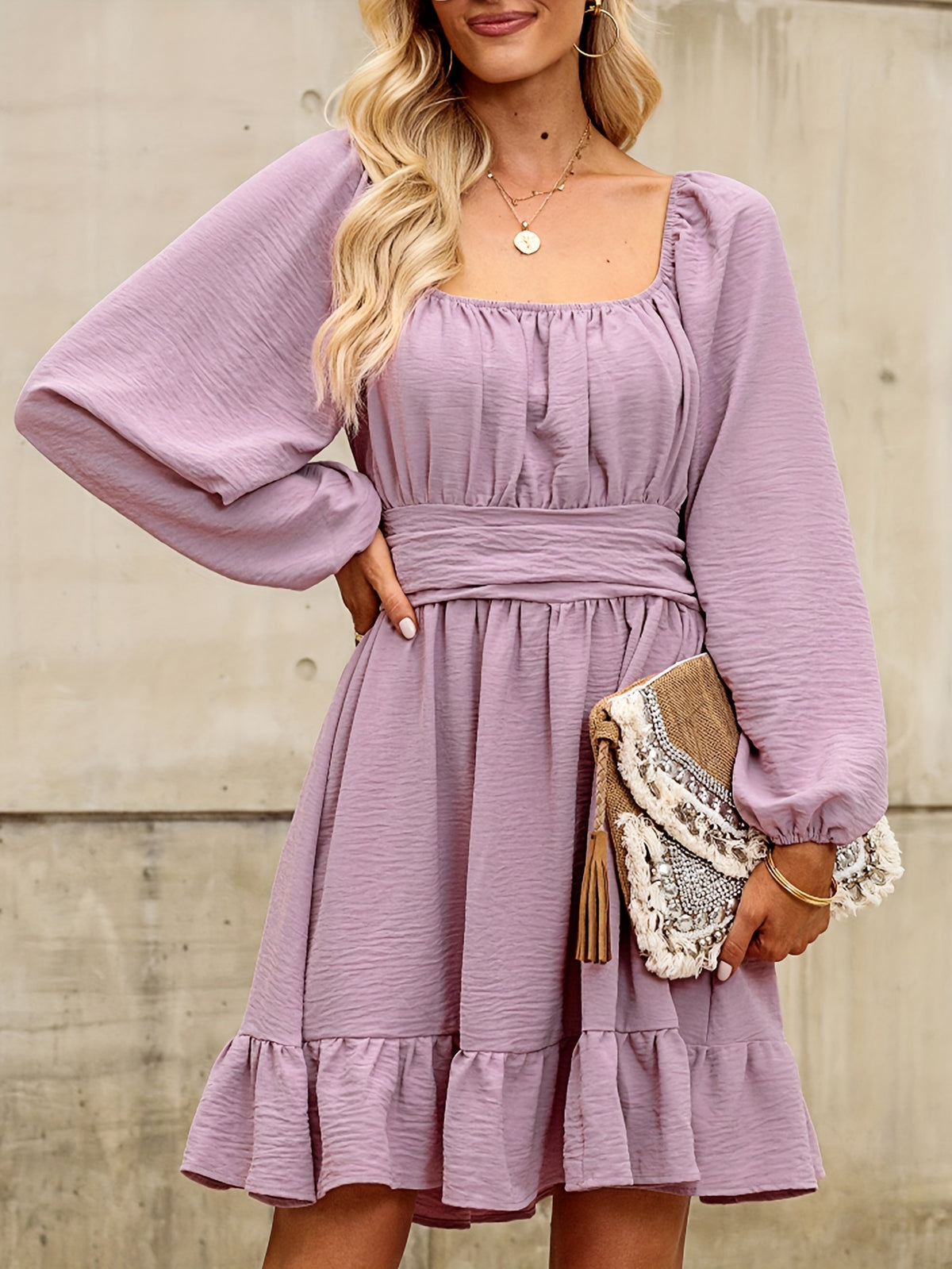 Lantern Sleeve Square Neck Tie Backless Elastic Waist Elegant Ruffle Dress
