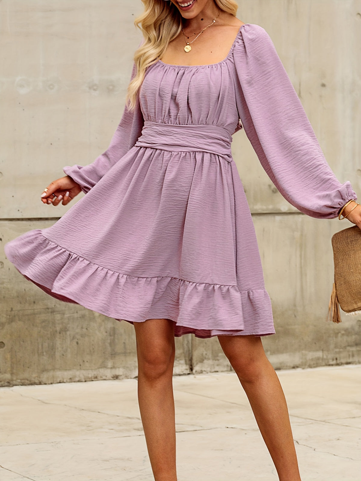 Lantern Sleeve Square Neck Tie Backless Elastic Waist Elegant Ruffle Dress