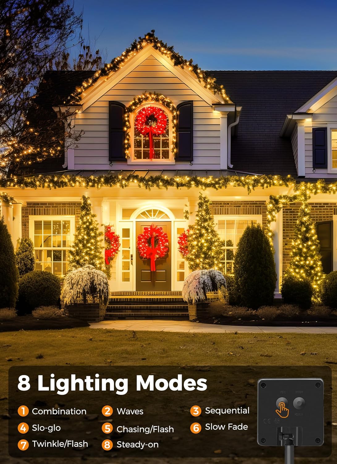 Minetom Solar String Lights Outdoor Waterproof- 40 FT 100 LED Solar Powered String Lights with 8 Lighting Modes, IP65 Waterproof Solar Christmas Lights for Outdoor Outside Tree Party Decor, Warm White