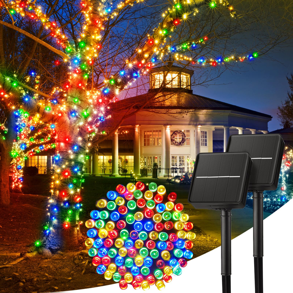 Minetom Solar String Lights Outdoor Waterproof- 40 FT 100 LED Solar Powered String Lights with 8 Lighting Modes, IP65 Waterproof Solar Christmas Lights for Outdoor Outside Tree Party Decor, Warm White