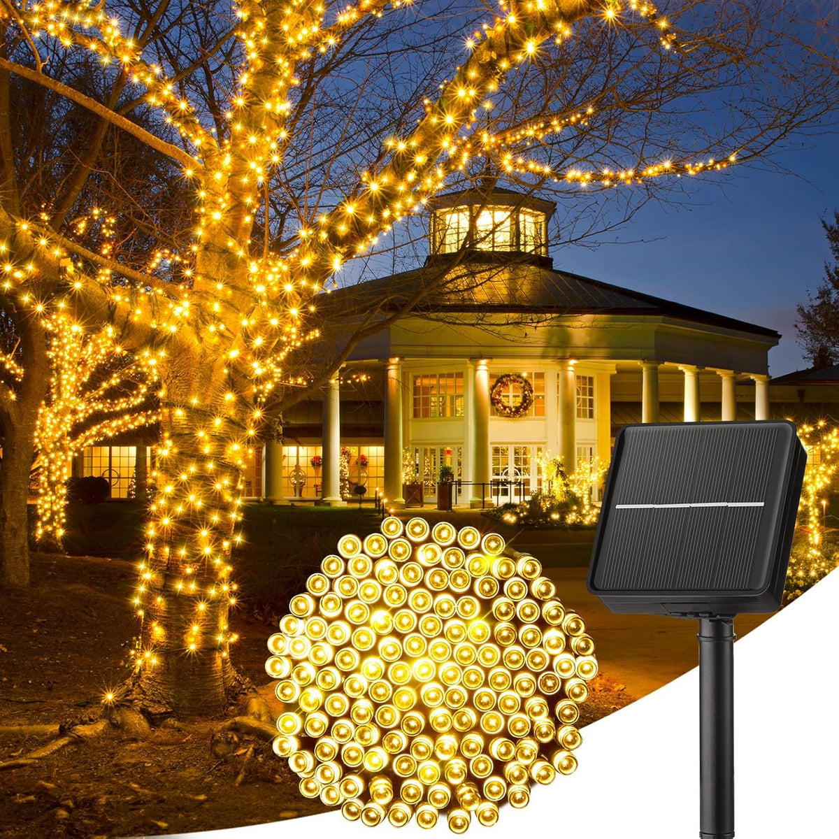 Minetom Solar String Lights Outdoor Waterproof- 40 FT 100 LED Solar Powered String Lights with 8 Lighting Modes, IP65 Waterproof Solar Christmas Lights for Outdoor Outside Tree Party Decor, Warm White