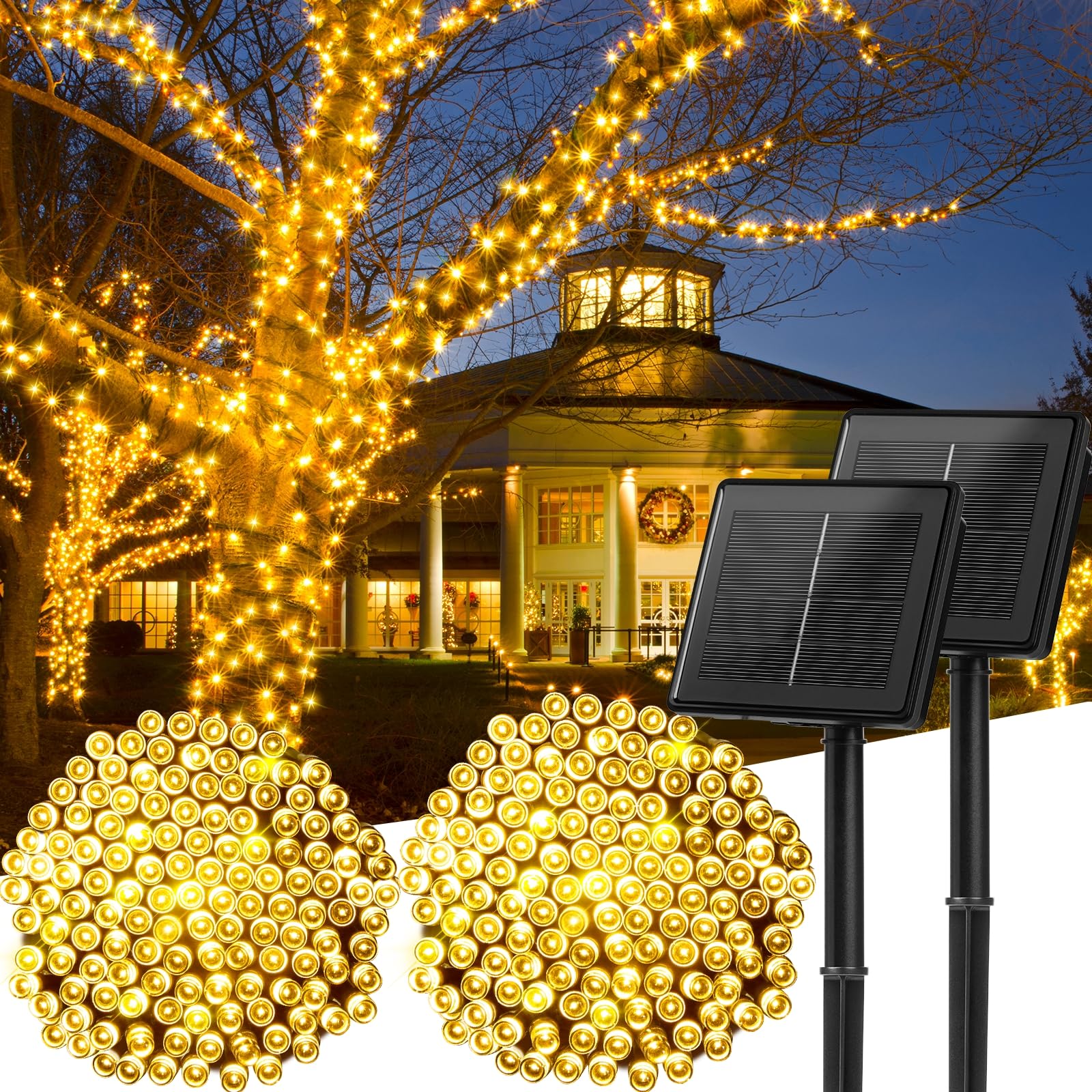Minetom Solar String Lights Outdoor Waterproof- 40 FT 100 LED Solar Powered String Lights with 8 Lighting Modes, IP65 Waterproof Solar Christmas Lights for Outdoor Outside Tree Party Decor, Warm White