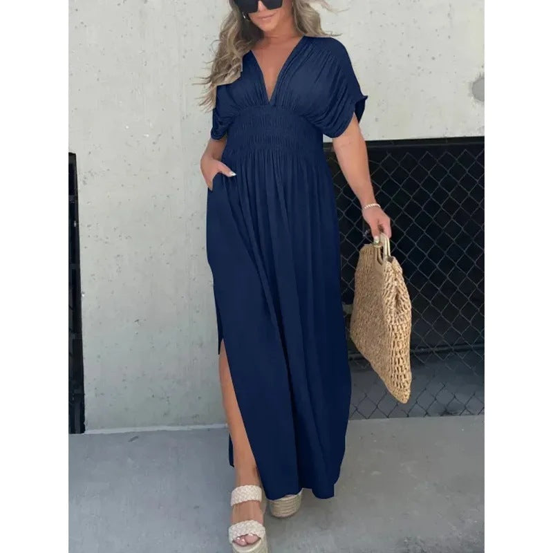 Fashion Bat-sleeved V-neck Slit Summer Dress