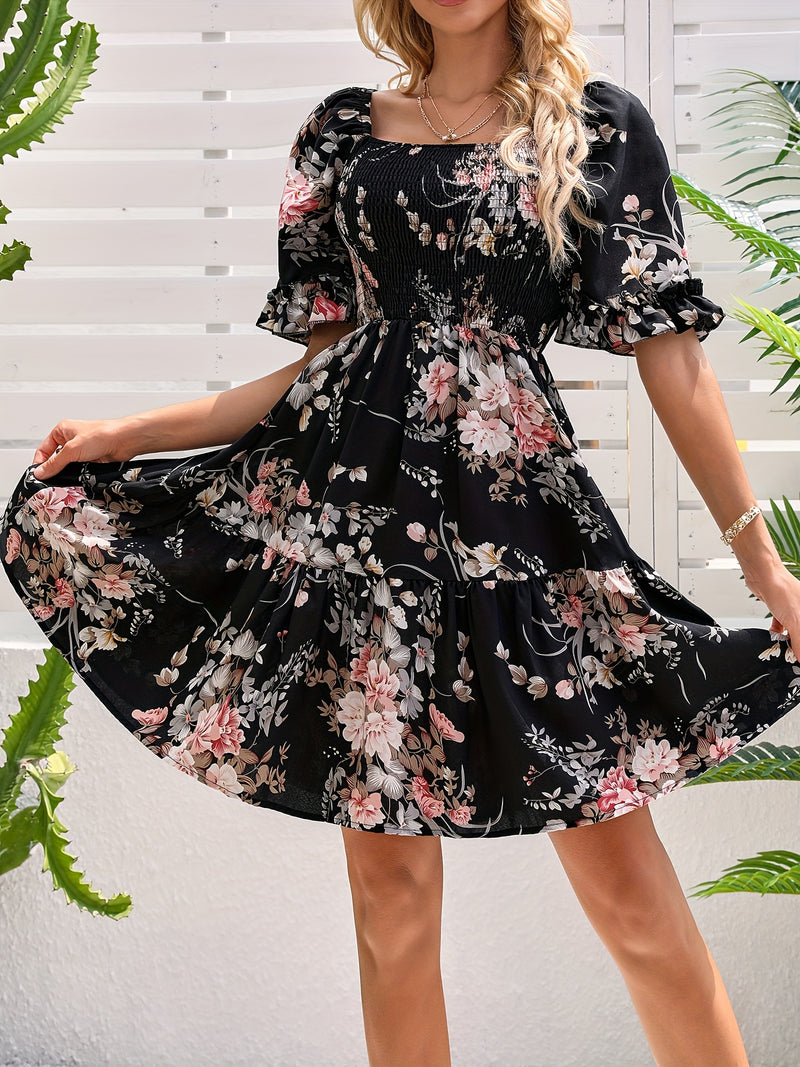 Floral Shirred Waist Square Neck Dress