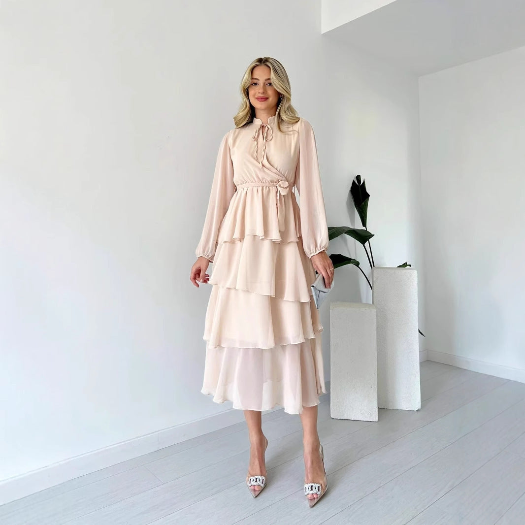 Solid Color Chiffon Long Sleeve Multi-layer Lace-up Elegant Dress Women