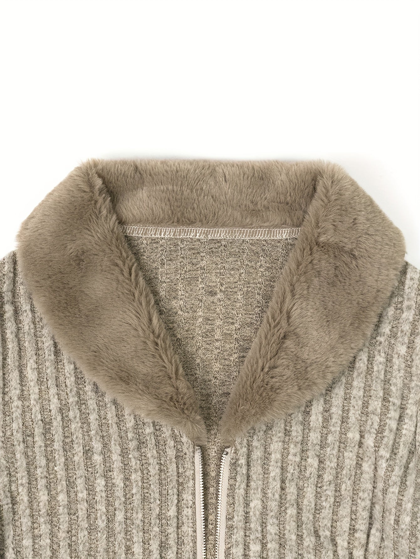 V-Neck Faux Fur Sweater – Zip Accent Knit Top