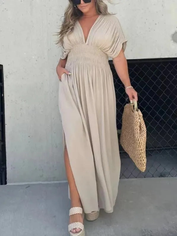Fashion Bat-sleeved V-neck Slit Summer Dress