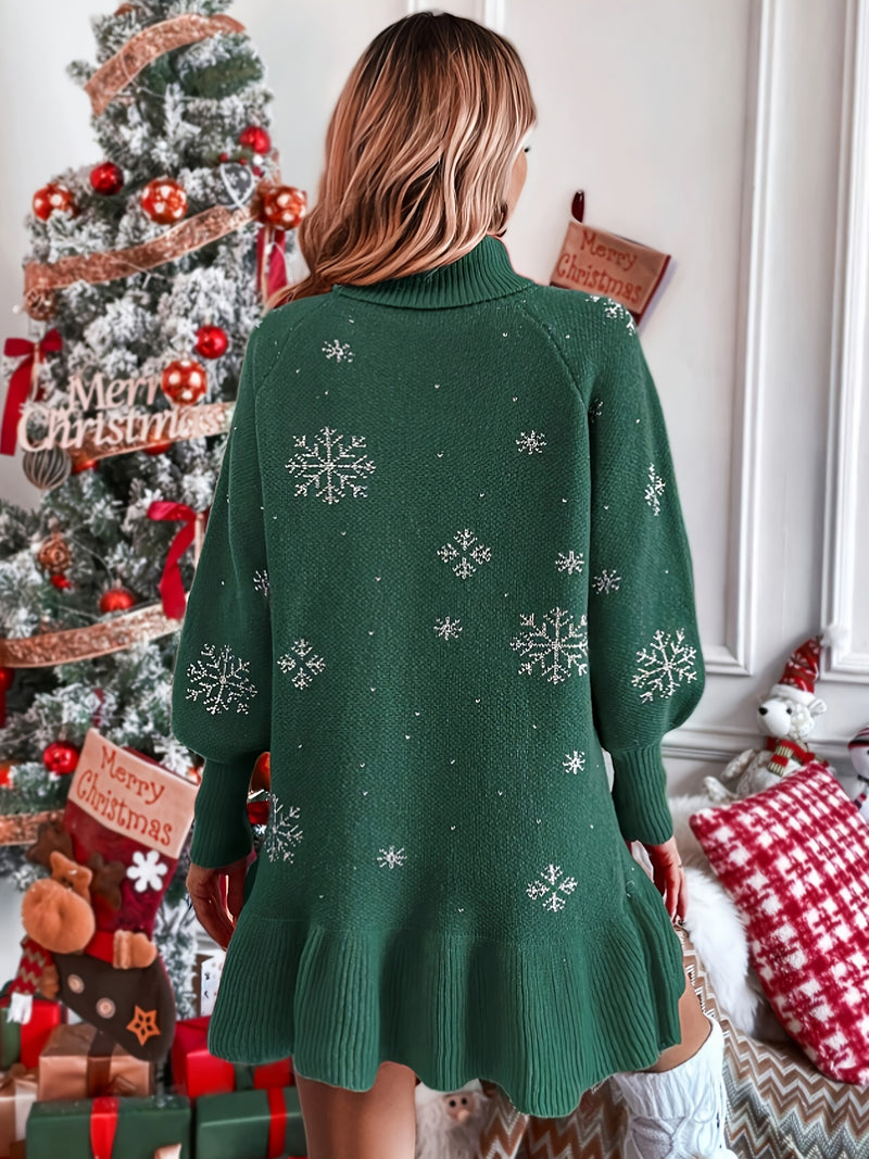 Elegant Snowflake Knit Turtleneck Sweater Dress