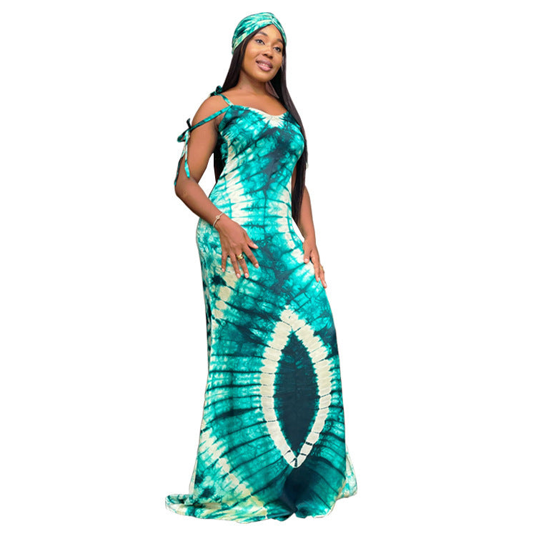 Women's Fashionable Printed Suspenders Slim Fit Long Dress