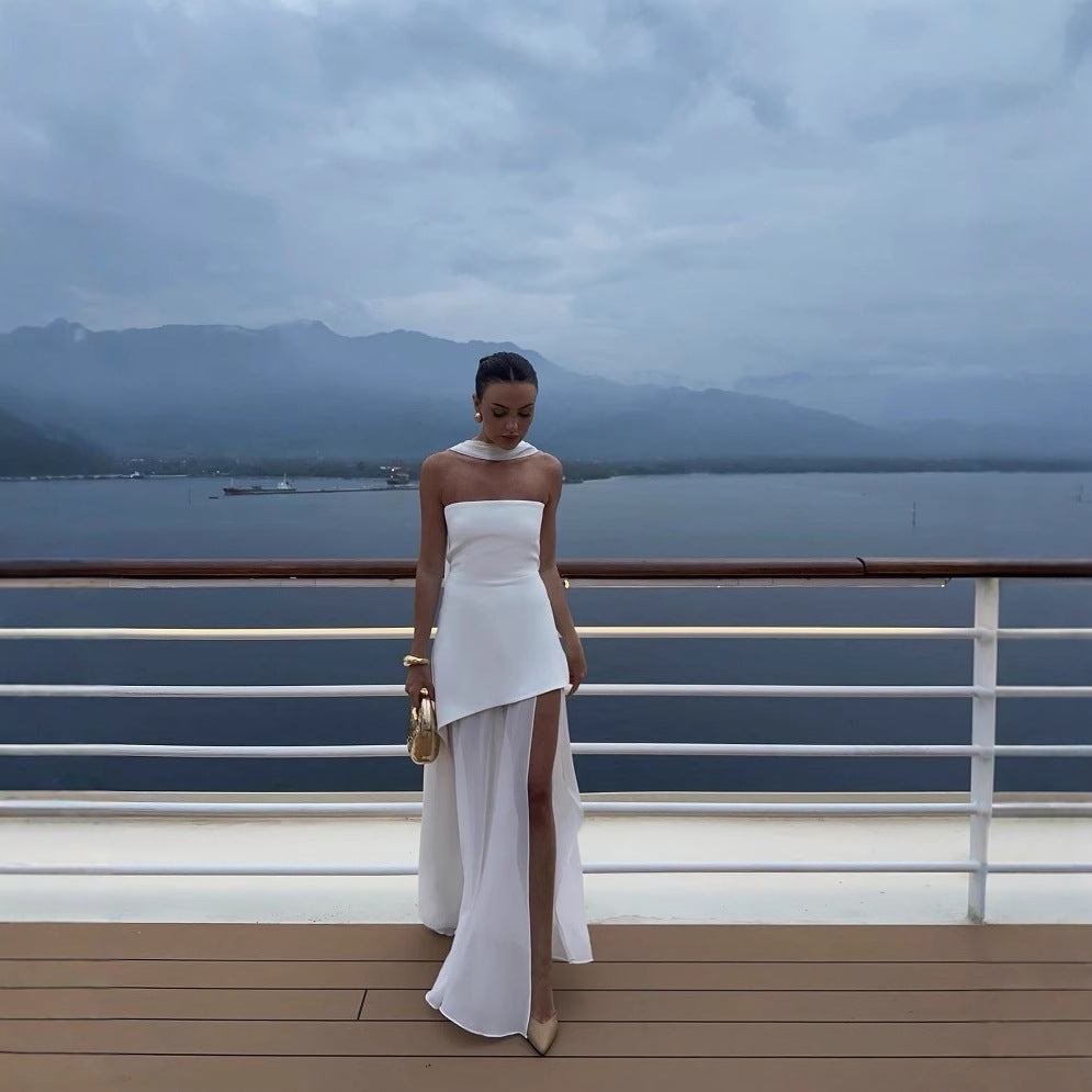 Fashion Strapless Dress With Ribbon Female Elegant Solid Sleeveless dress