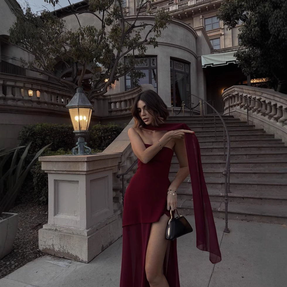 Fashion Strapless Dress With Ribbon Female Elegant Solid Sleeveless dress