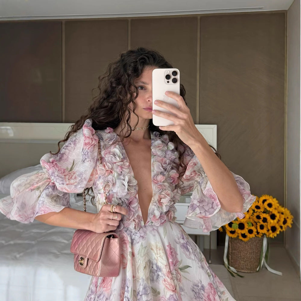 Women Tie-dye 3d Flower Deep V Neck Flare Sleeve Mini Dresses