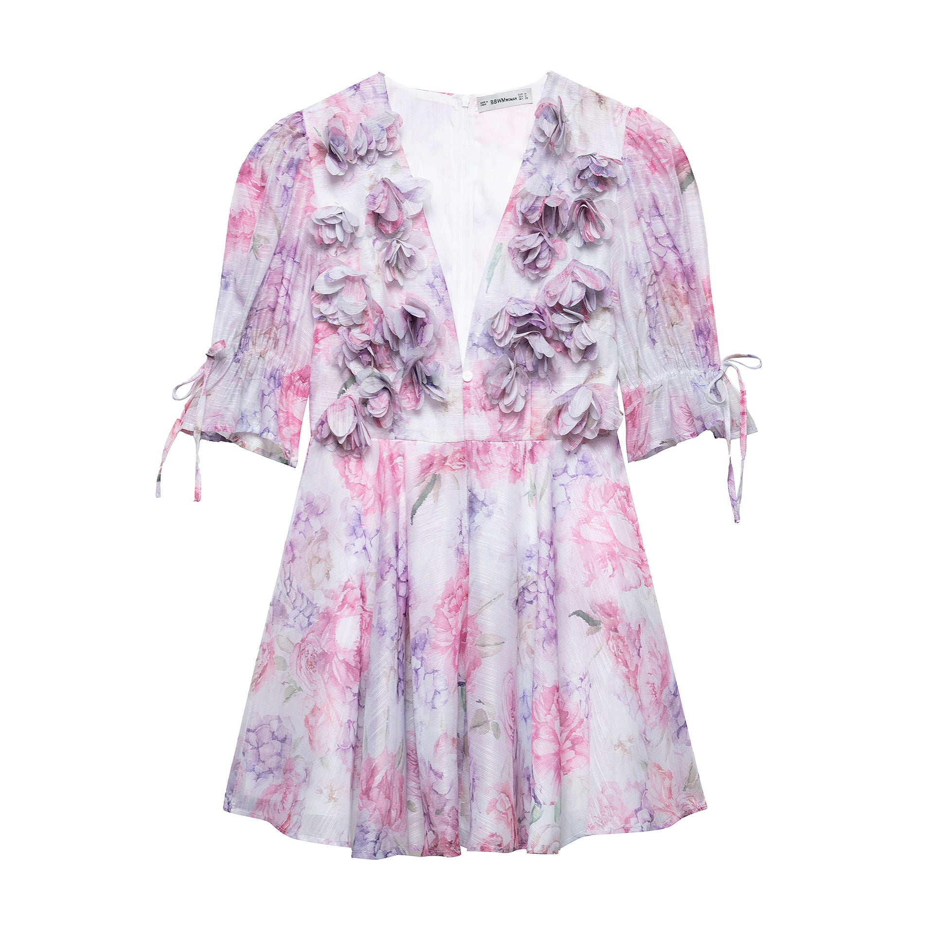 Women Tie-dye 3d Flower Deep V Neck Flare Sleeve Mini Dresses