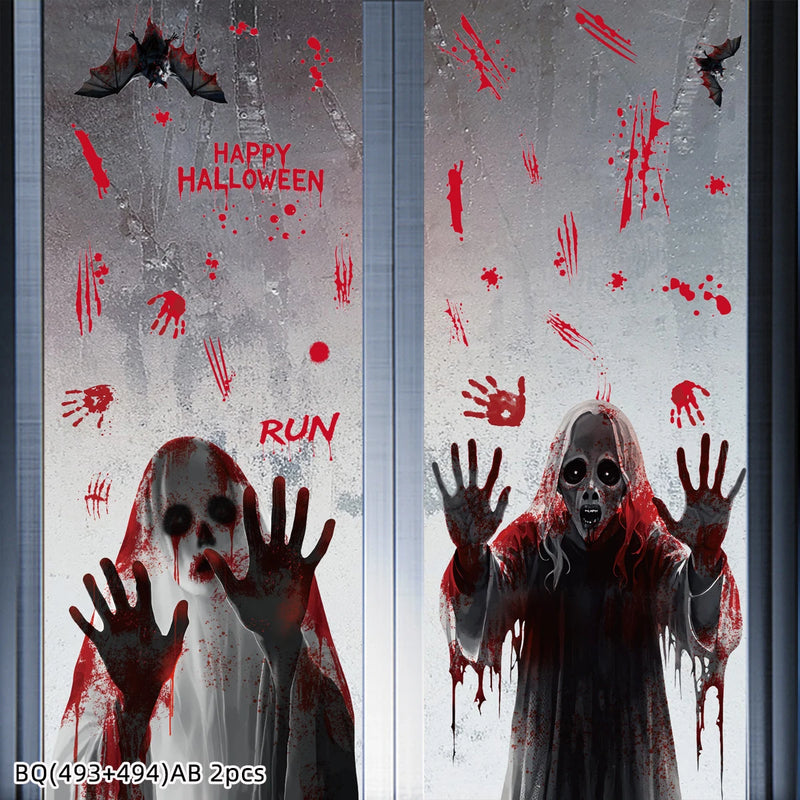 Halloween Static Cling Stickers Scary Ghost Woman Bloody Handprint Window Decals Spooky Party Home Decor Horror Decorations