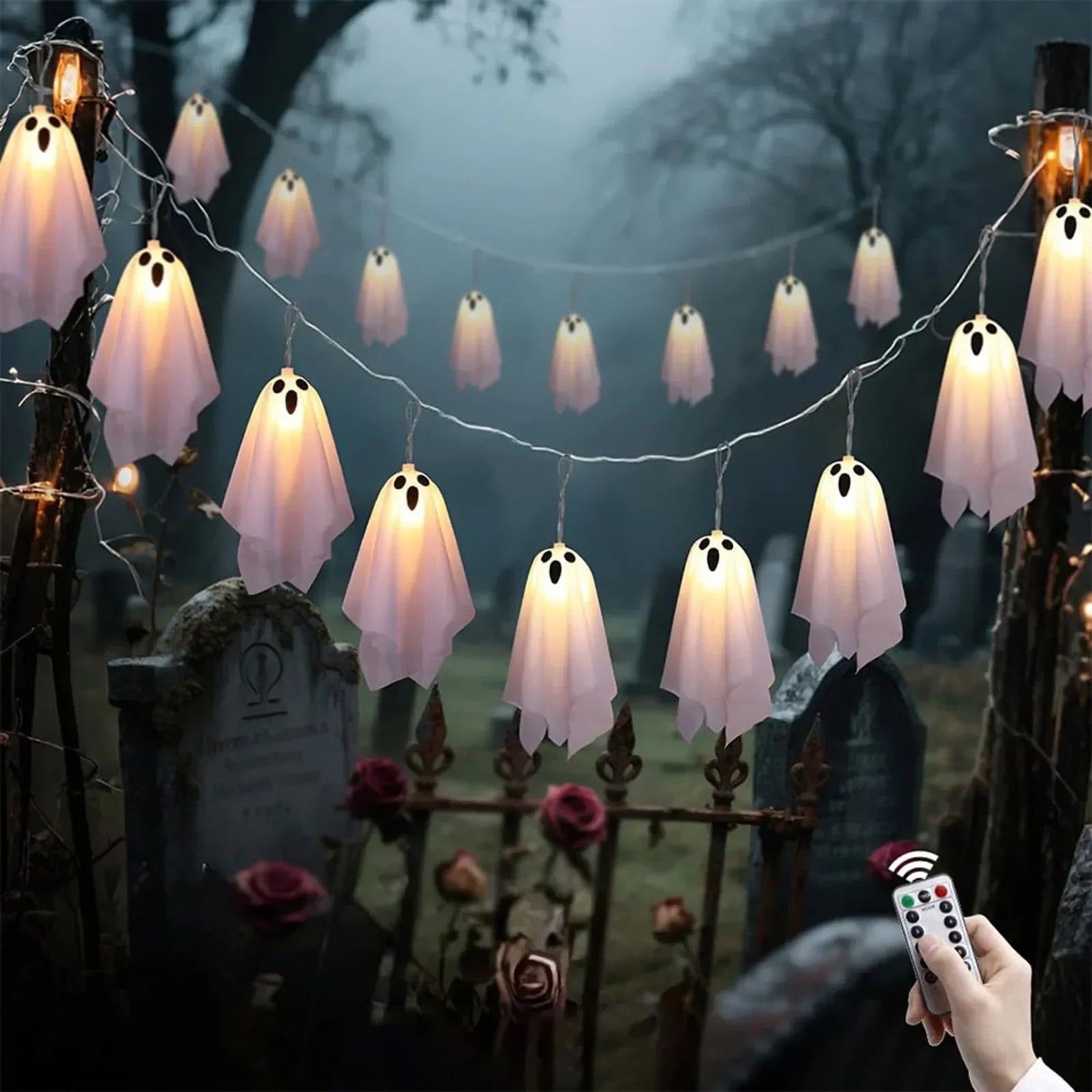 Ghost Halloween Lights, 8 Modes Waterproof String Garland, Indoor Outdoor Decorations for Party, Haunted House, Fireplace, Porch