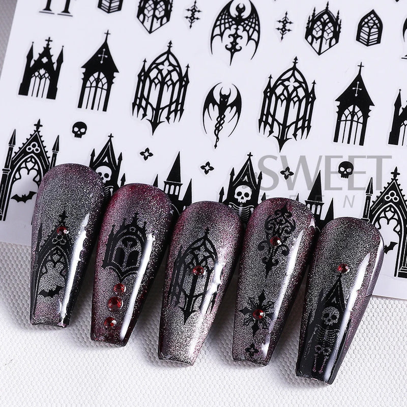 5pcs Gothic Black Nail Stickers Elegant Wedding Laced Designs Halloween Castle Skull Wings Adhesive Foils Sliders Manicure Decor
