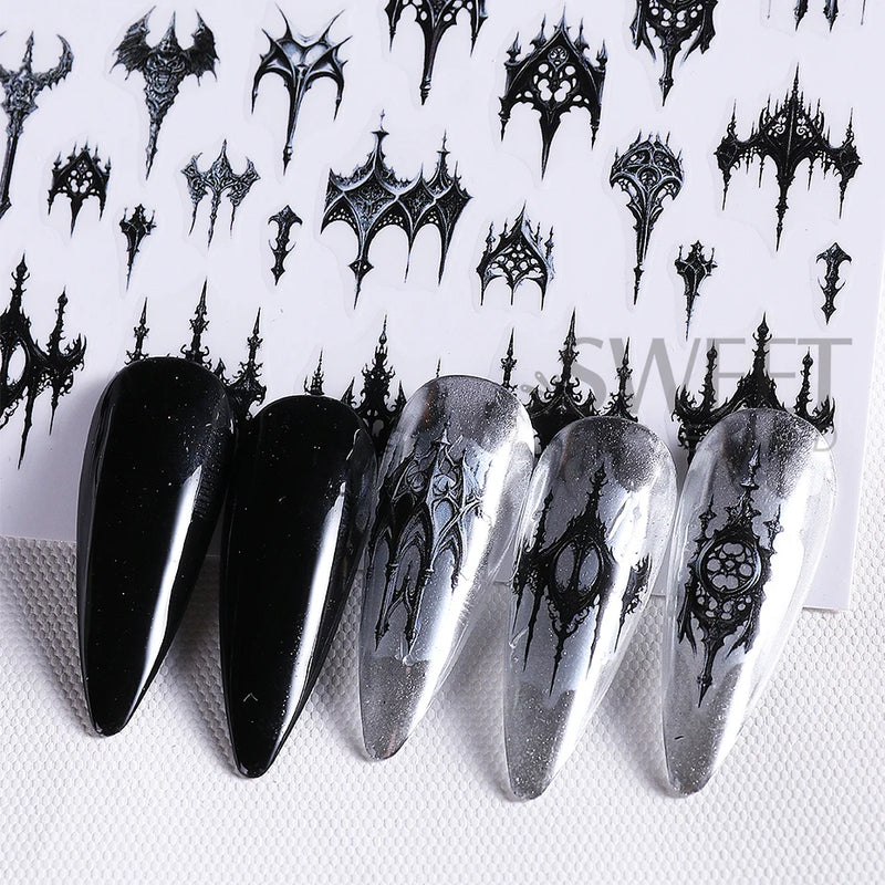 5pcs Gothic Black Nail Stickers Elegant Wedding Laced Designs Halloween Castle Skull Wings Adhesive Foils Sliders Manicure Decor