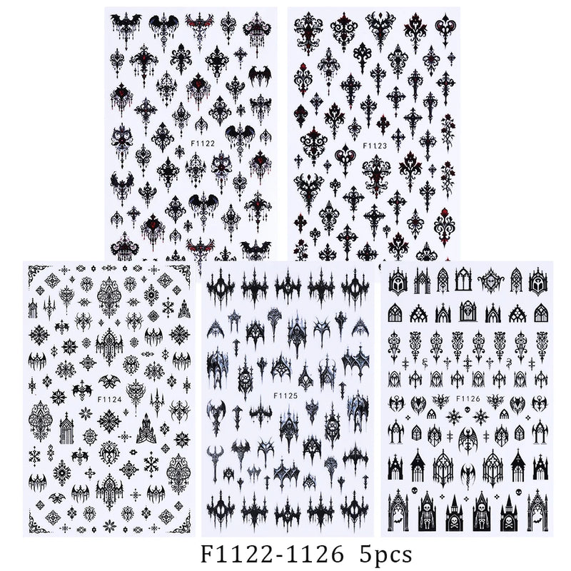 5pcs Gothic Black Nail Stickers Elegant Wedding Laced Designs Halloween Castle Skull Wings Adhesive Foils Sliders Manicure Decor