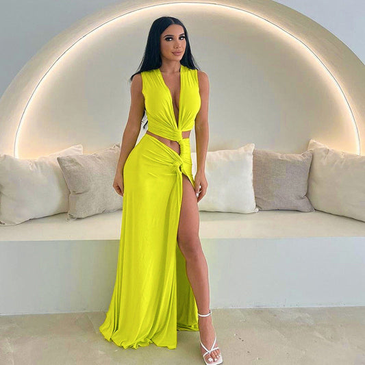 Women's Fashion Deep V-neck Hollow-out Slim Length Dress