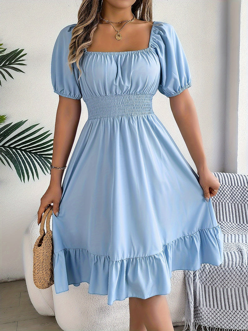 Solid Puff Sleeve Square Neck Dress, Elegant Ruffle Hem Occasion Wear