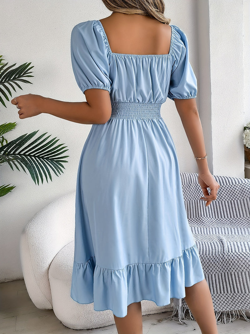 Solid Puff Sleeve Square Neck Dress, Elegant Ruffle Hem Occasion Wear