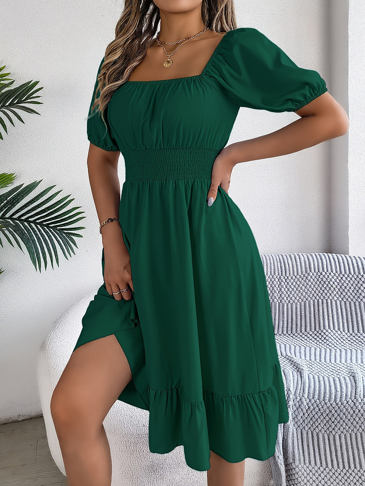 Solid Puff Sleeve Square Neck Dress, Elegant Ruffle Hem Occasion Wear