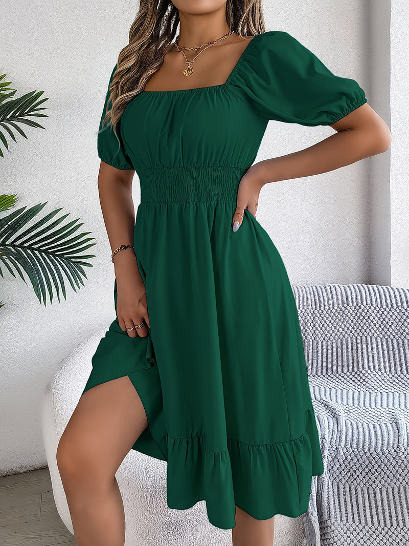 Solid Puff Sleeve Square Neck Dress, Elegant Ruffle Hem Occasion Wear