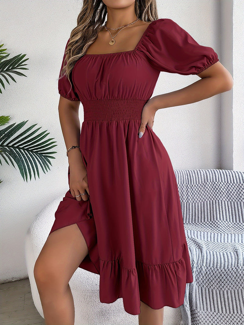 Solid Puff Sleeve Square Neck Dress, Elegant Ruffle Hem Occasion Wear