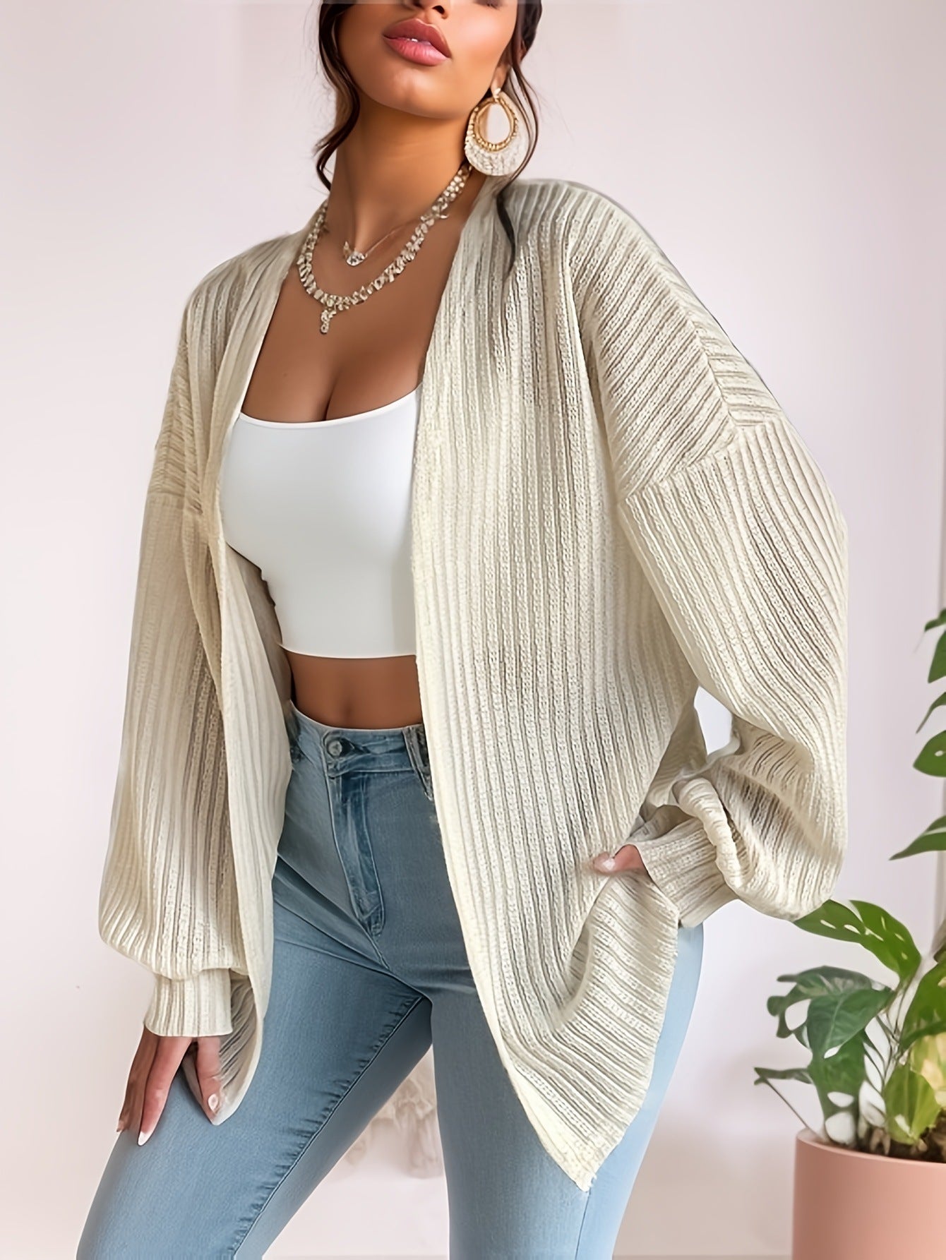 Knitted Cardigan Wide Shoulder Long Sleeve Top