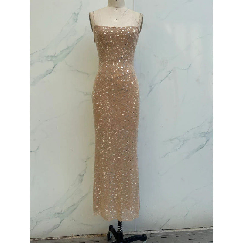 Stylish and Edgy Bodycon Nude Gold and Black Sequin Maxi Dress