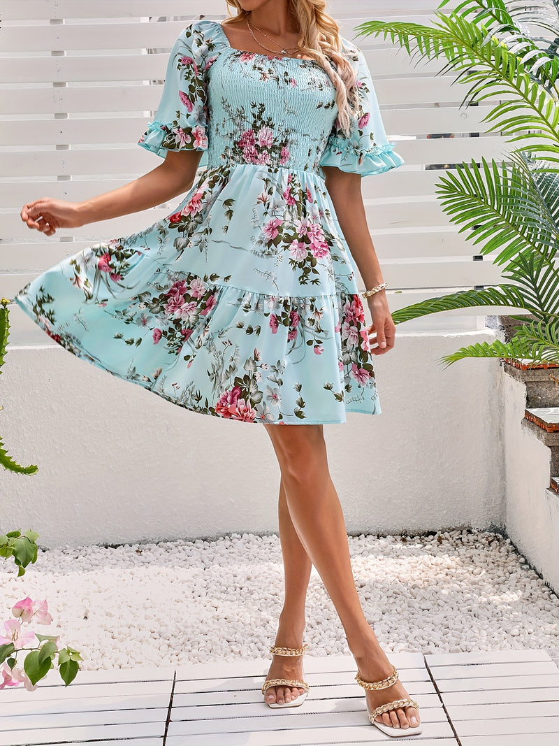 Floral Shirred Waist Square Neck Dress