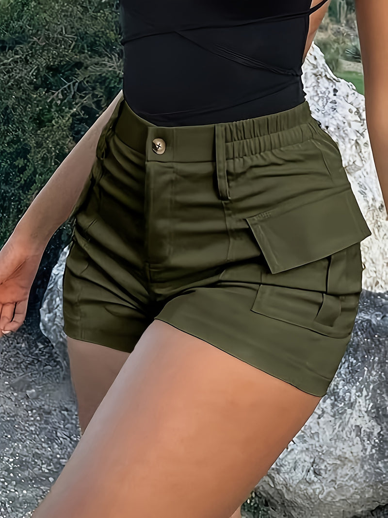 Stylish Solid Button High Waist Cargo Shorts